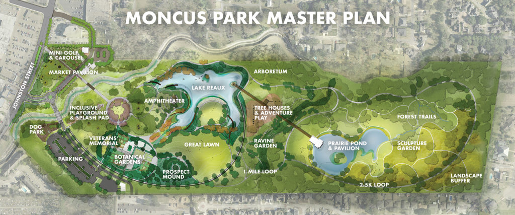 A layout of Moncus Park's master plan which includes features already built and several not yet built such as the pavilion and the veteran's memorial.