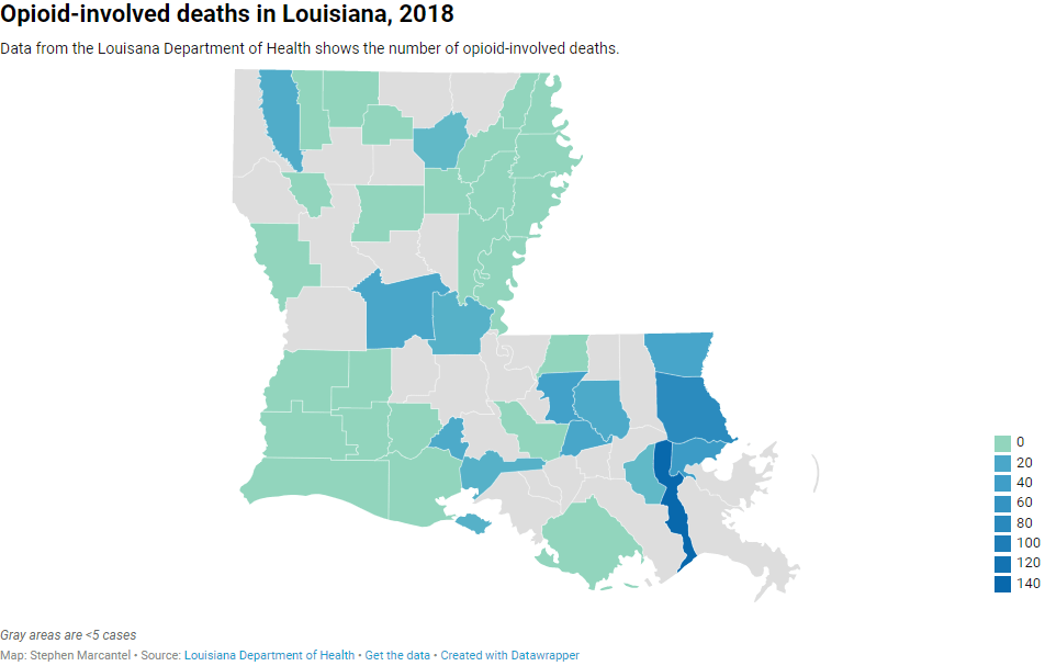 A map which shows the opioid involved deaths in Louisiana in 2018. Many sections have no opioid involved deaths but some sections have as much as 100 to 140 deaths.
