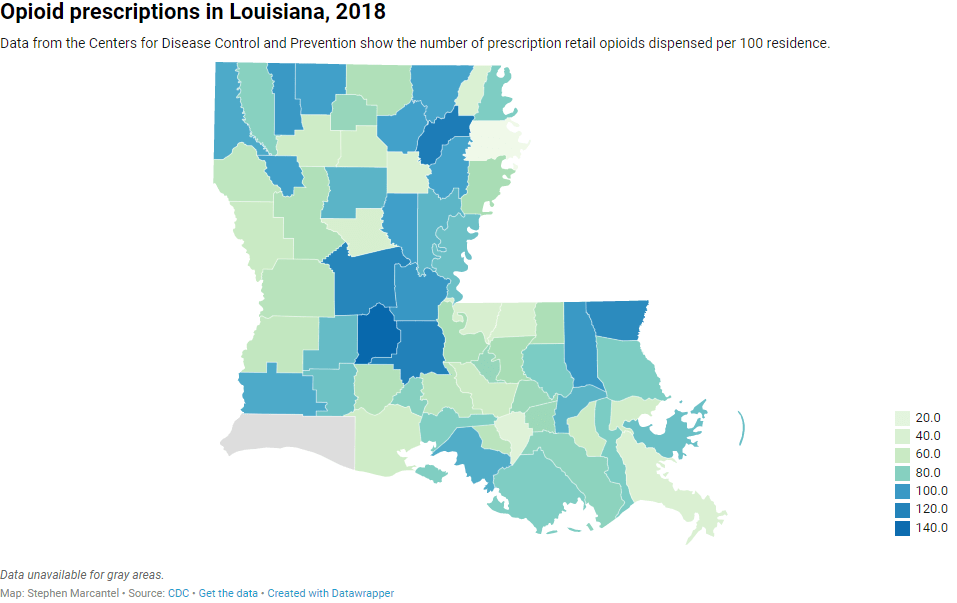A map which shows the opioid prescriptions in Louisiana in 2018. Numbers range from 80 to 140 prescriptions throughout the state